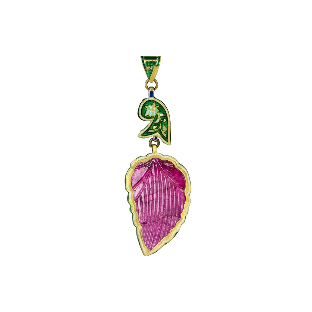 Carved Pink Tourmaline Pendant with Polki and Enamel